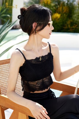 丽维25017桑蚕丝蕾丝无钢圈搭扣美背吊带一字领防走光背心内衣