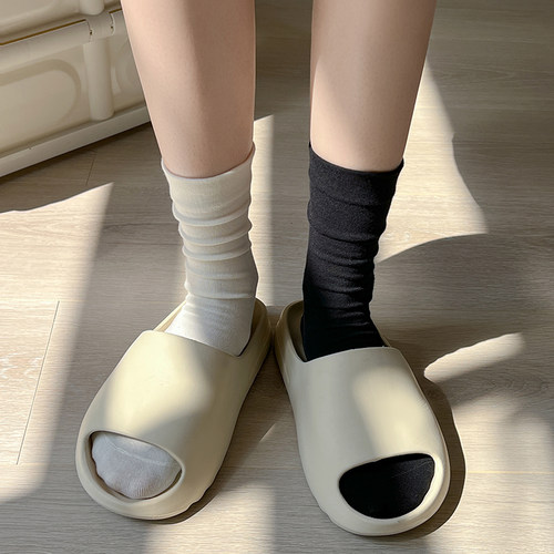 4双装 黑白色温柔简约风可堆堆堆简约百搭纯色女士中筒棉袜子