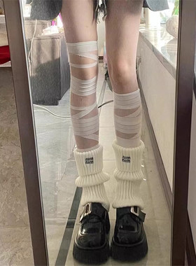 2双装 y2k少女风粗棉线翻边刺绣个性及膝小腿