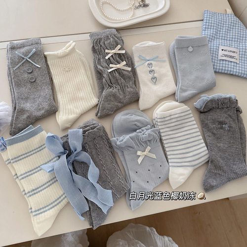 2026春韩系白蓝灰色蝴蝶结中筒袜
