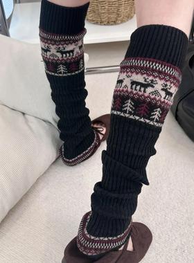 北欧童话】秋冬费尔岛风圣诞麋鹿复古针织羊毛袜套小腿叠穿靴套DF