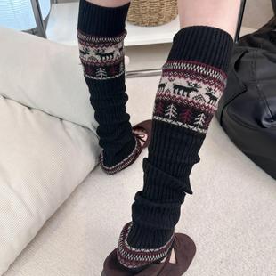 北欧童话 秋冬费尔岛风圣诞麋鹿复古针织羊毛袜套小腿叠穿靴套DF