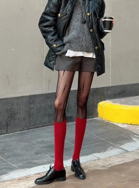 2026新年叠穿安可拉红小腿袜竖纹羊绒保暖红色过膝高筒袜女