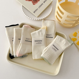 3双装 ins潮奶油撞色女日系可堆堆中简约百搭中筒袜子