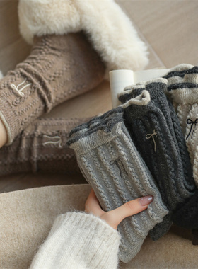 2双装 秋冬可爱蝴蝶结刺绣羊毛简约可堆堆