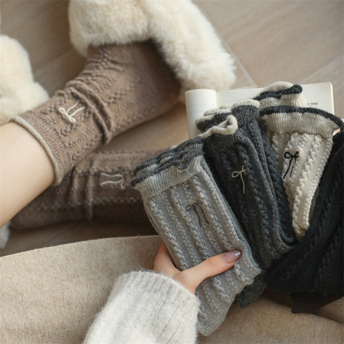 2双装 秋冬可爱蝴蝶结刺绣羊毛简约可堆堆