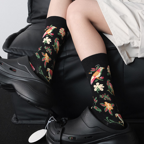 ZeroG 新品初秋彩色神鸟茶歇风复古花卉中筒袜高级感时髦ins女DF