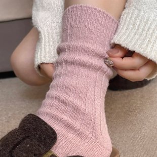 爱随冬至2025冬季 系简约羊毛袜粉色堆堆袜中筒袜女保暖羊绒袜女DF