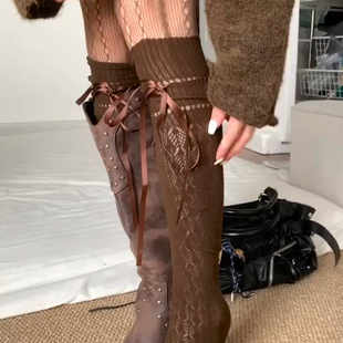 2025冬季 袜女DF 复古菱格日系丝带蝴蝶过膝袜搭配缕空千禧风连裤