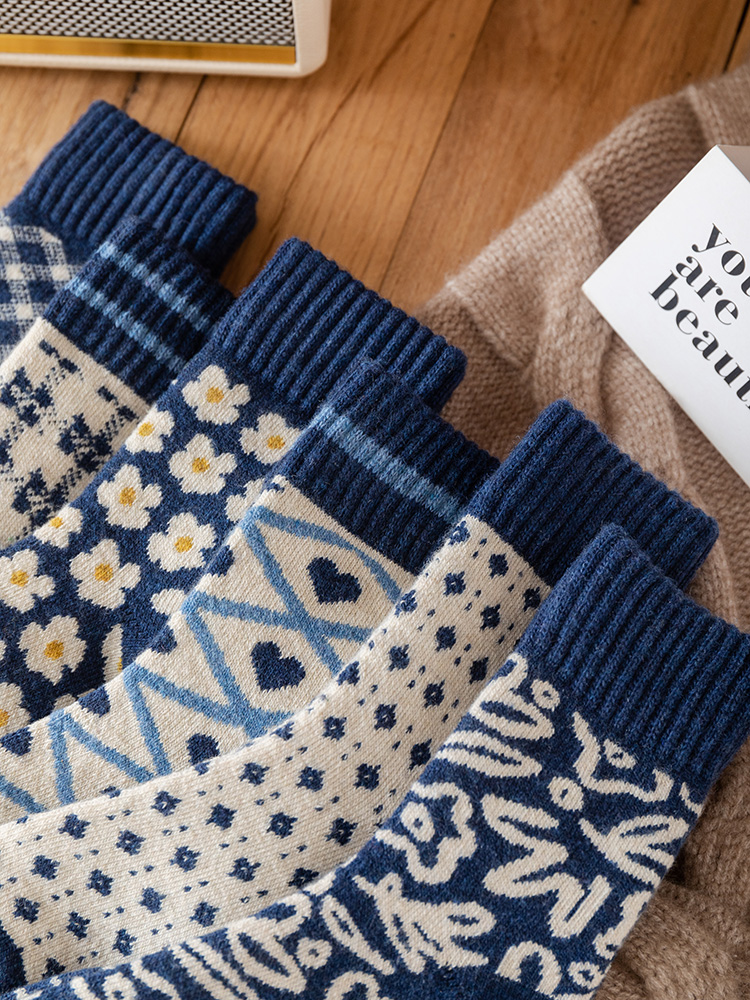 3双装 秋冬蓝色小众复古花朵菱形羊绒毛圈毛巾底加厚保暖