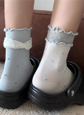 2双装 新品夏蓝色系ins波点木耳花边泡泡纱中筒袜子少女韩慵懒风