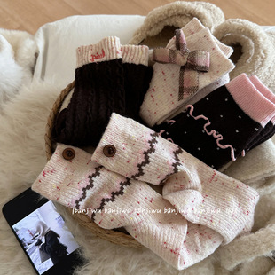 2025冬季 可露风厚袜子费尔岛羊毛加厚保暖粉咖色女堆堆中筒袜DF