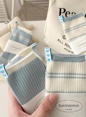 2双装 春夏蓝条纹后跟爱心布标中筒袜