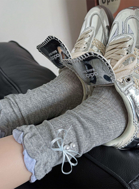 2双装 新品夏季网眼创意花边珍珠蝴蝶结饰品中筒袜子优雅公主风