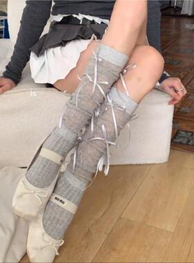 3双装 MlU系千金风立体丝带蝴蝶结及膝小腿可堆堆过膝芭蕾