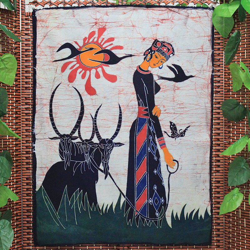 手工蜡染画餐厅茶室酒吧特色装饰墙壁挂画彝族风格人物布艺画牧羊