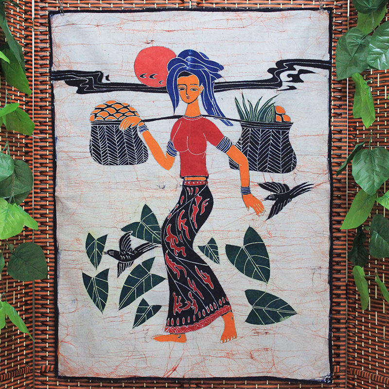 赶摆傣族风格蜡染画民族风情人物手工布艺画餐厅茶艺酒吧装饰挂布