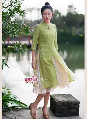 禅意茶服上衣2024女春秋改良旗袍上衣刺绣青绿色中式棉麻茶服套装
