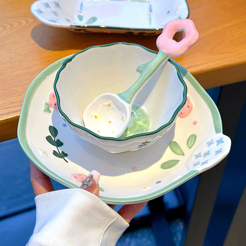 ins花朵釉下彩米饭碗盘子小清新女士家用餐具耐高温可微波炉加热