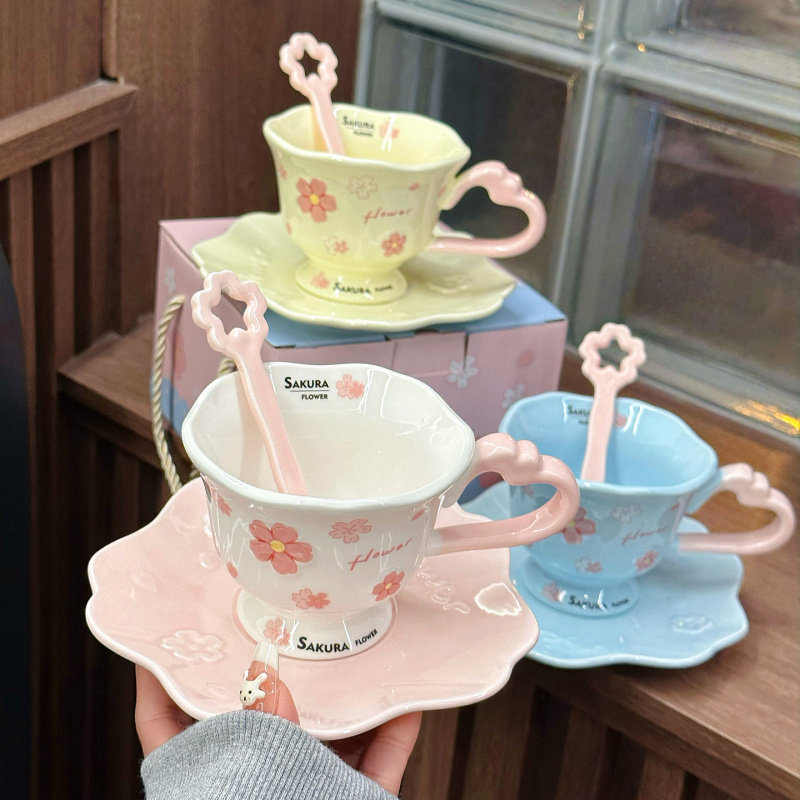 少女心樱花陶瓷咖啡杯碟套装男女情侣家用喝水杯耐高温釉下彩水杯