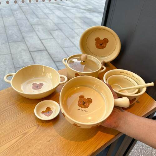 可爱小熊陶瓷碗盘家用餐具ins黄油高颜值餐厅米饭碗送人礼物套装