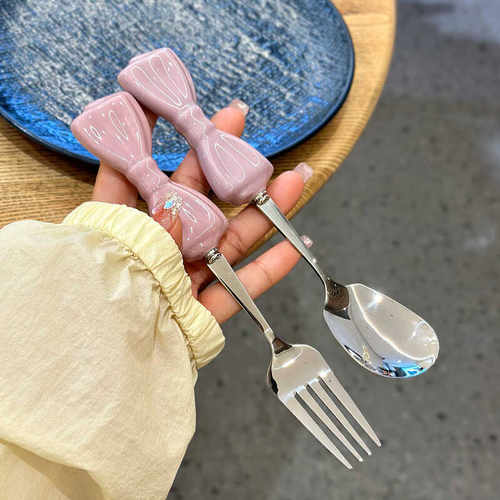 少女心可爱蝴蝶结陶瓷手柄304不锈钢叉勺家用餐厅餐具水果叉调羹