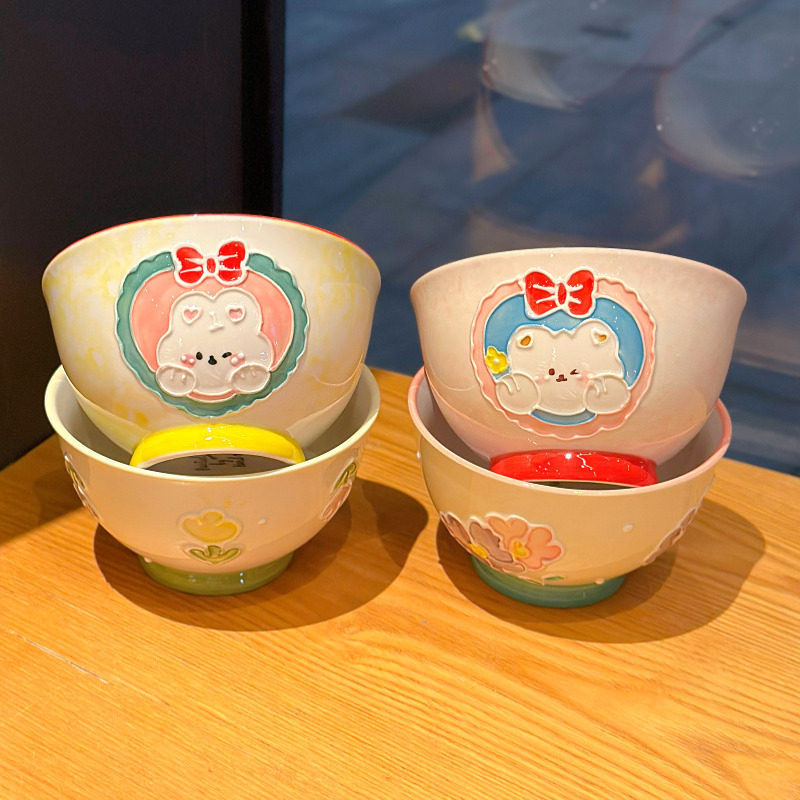 可爱兔子陶瓷碗少女心浮雕釉下彩高颜值家用米饭碗汤碗儿童餐具勺