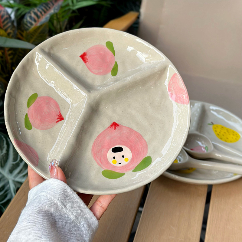 手工陶瓷分格餐盘可爱三格早餐小菜减脂减肥专用大人分隔饺子盘子