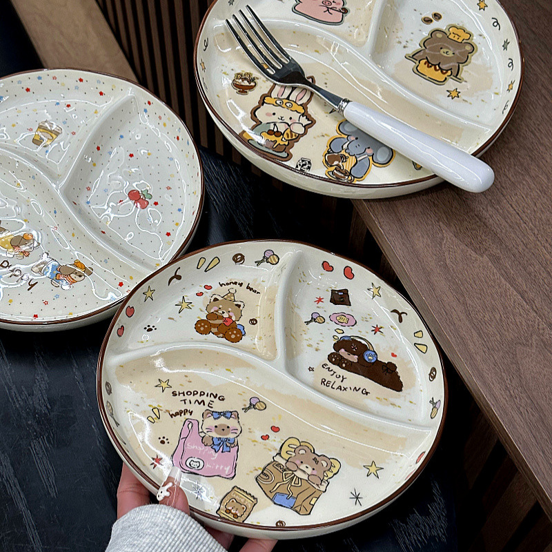 分格餐盘卡通可爱陶瓷早餐盘一人食减脂减肥餐盘高颜值釉下彩水果
