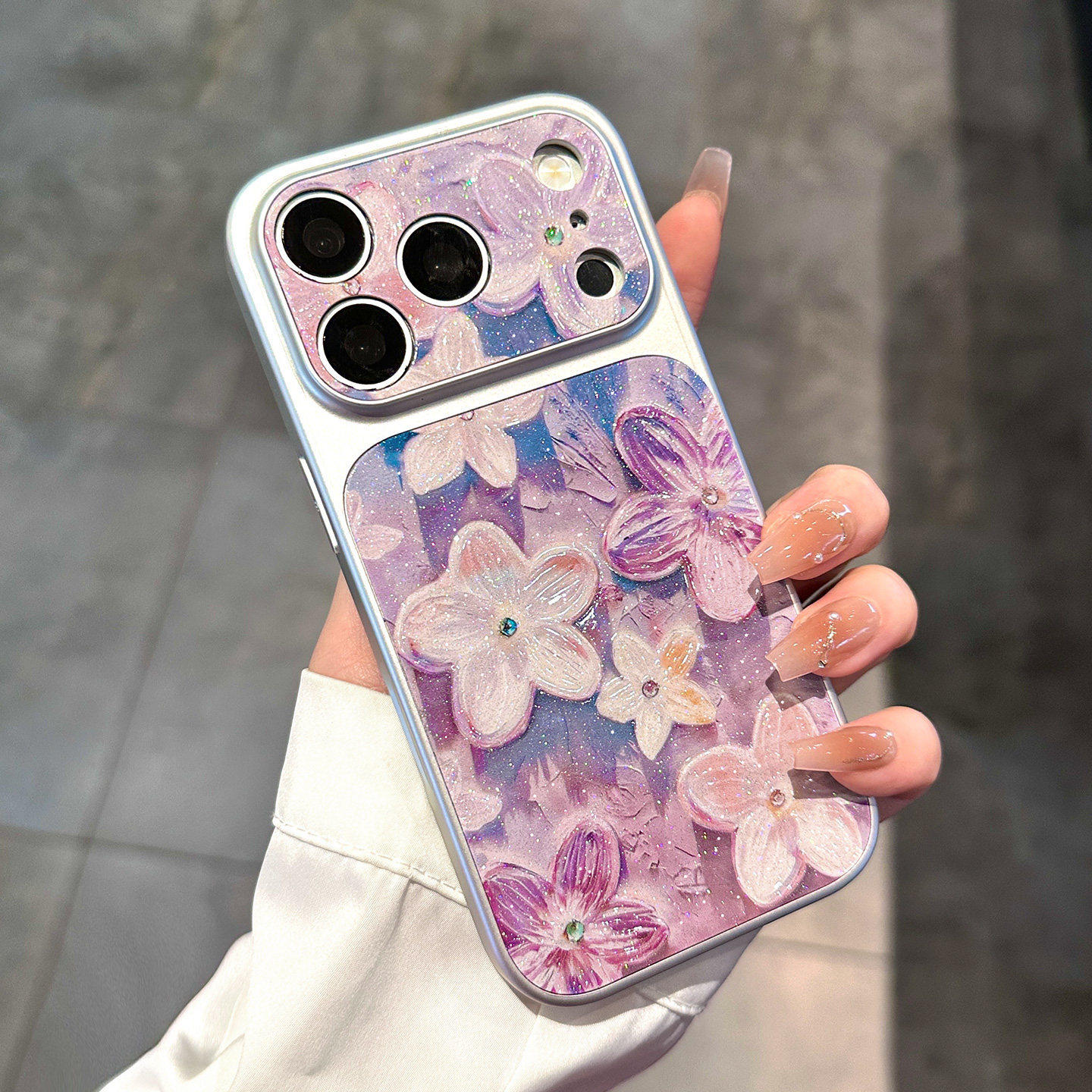 立体油画花朵16promax手机壳细闪紫花适用苹果17promax鎏金闪粉iPhone16pro珠光套春天精孔位17Pro热销保护套