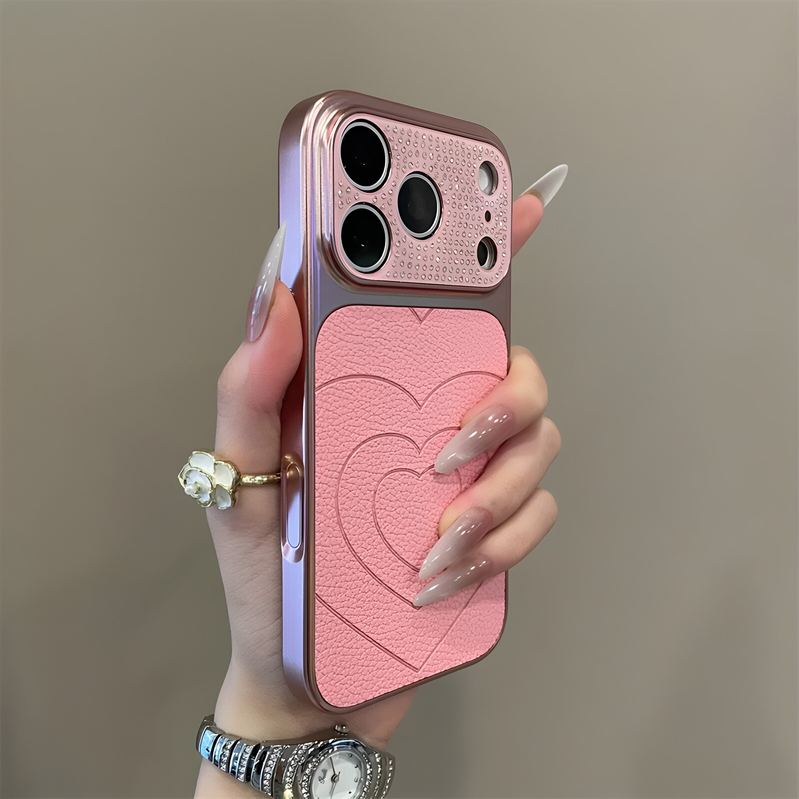 镶钻大视窗适用iphone 17promax手机壳16pro爱心皮纹保护套15pro抗防摔iPhone13pro情侣新款14Promax全包女款