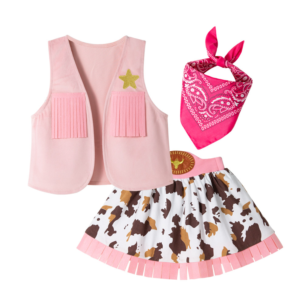 粉色西部牛仔套装女童节日服 角色扮演服马甲套装演出服4件套配帽