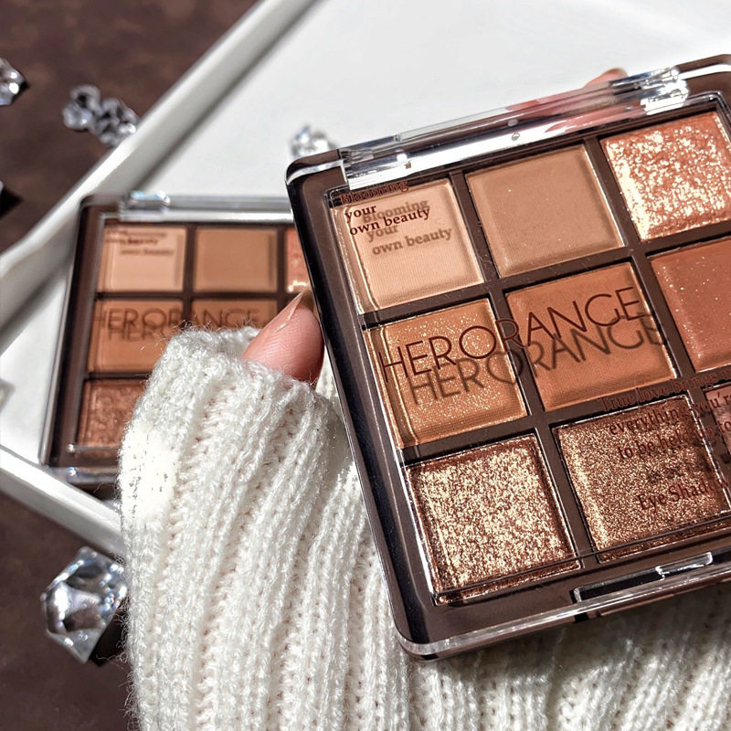 HERORANGE~九色巧克力眼影盘珠光哑光大亮片细闪卧蚕新手大地平价