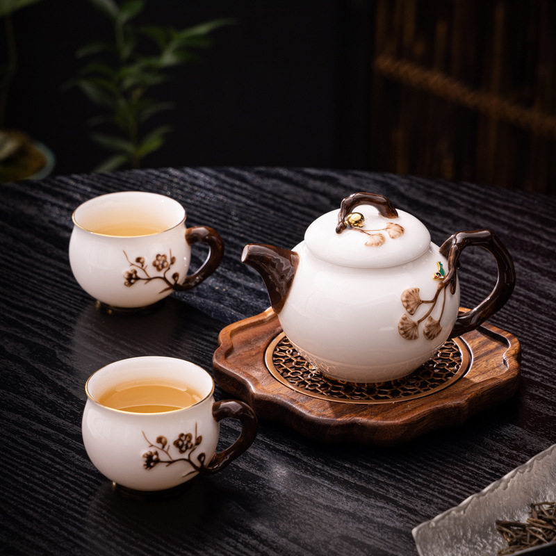 冰种玉瓷侧把壶梅花壶知足壶一壶两杯陶瓷茶具套装李辉熠泡茶壶