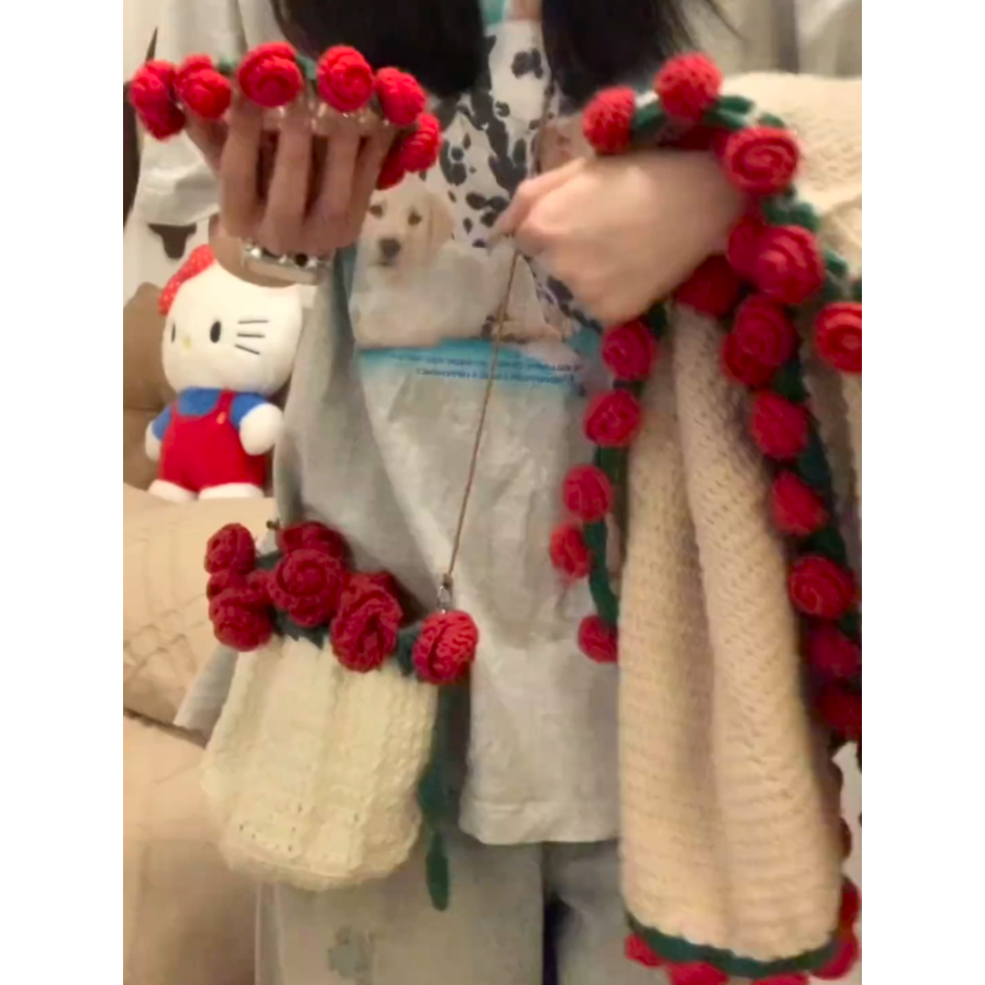 手工毛线diy玫瑰花花束毯子包包杯垫三件套材料包钩织创意礼物女