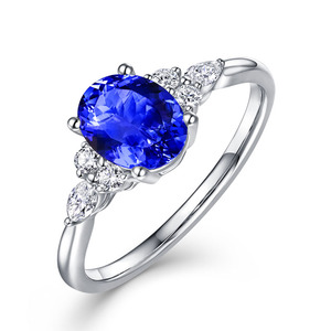 皇家蓝5A坦桑石镶嵌莫桑钻石925银镀18K白金戒指简约定制结婚女款