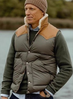 日本 Rocky Mountain复古拼皮保暖羽绒服 羽绒马甲外套背心男款冬