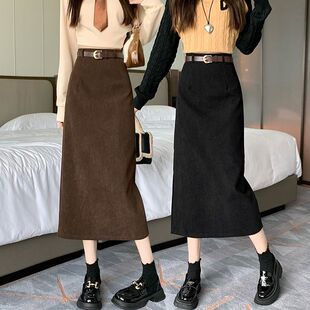 棕咖色加厚灯芯绒半身裙女秋冬2026新款 高腰显瘦开叉包臀一步长裙