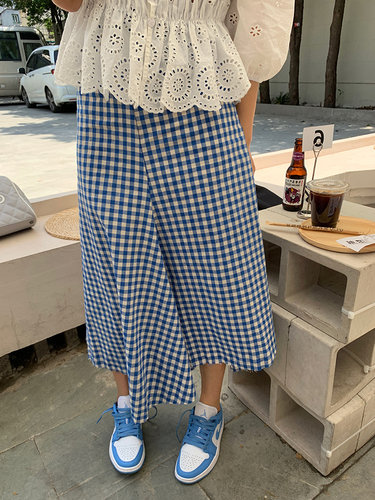 流苏格子不规则中长半身裙