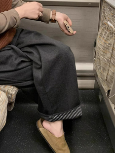 大码女装微胖妹妹mm冬季高腰加绒加厚毛呢卷边灰色阔腿显瘦休闲裤