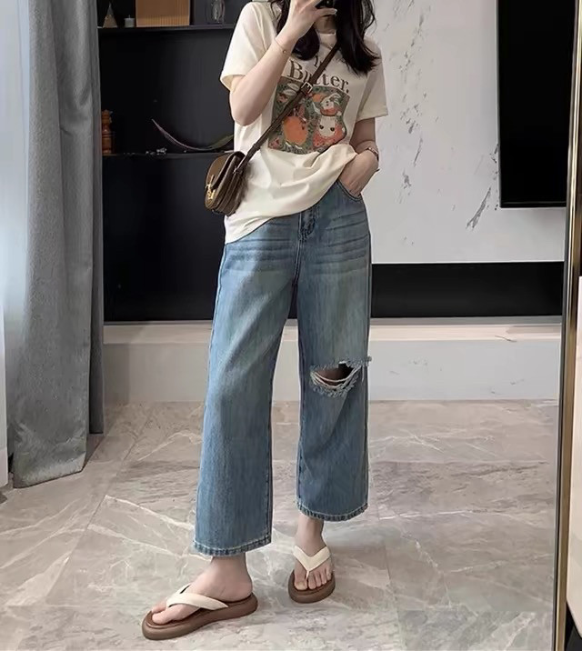 南瓜籽女装定制大码肥妹妹mm破洞阔腿牛仔春秋高腰宽松显瘦九分裤