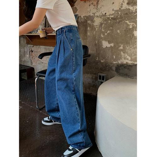 南瓜籽女装定制大码胖妹妹mm春秋复古牛仔阔腿高腰宽松显瘦拖地裤