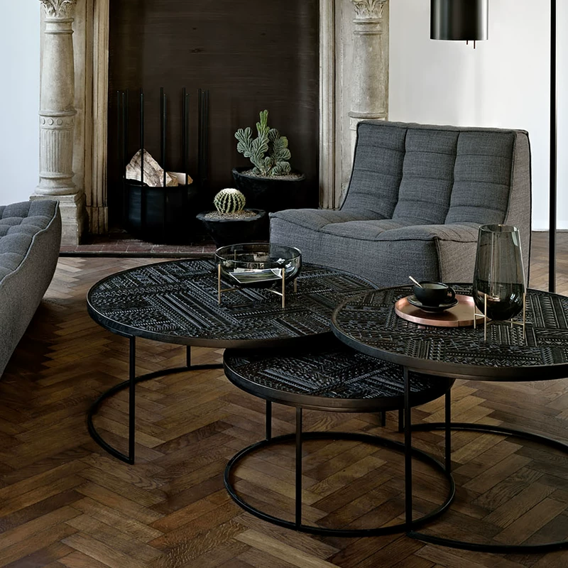 北欧柚木茶几圆形茶几中古复古诧寂意式柚木手工雕花圆形组合茶几