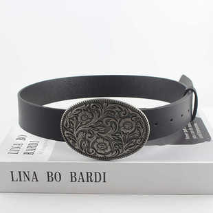 唐草花纹复古大扣头皮带女士高级感时尚百搭装饰牛仔裤棕色皮带宽