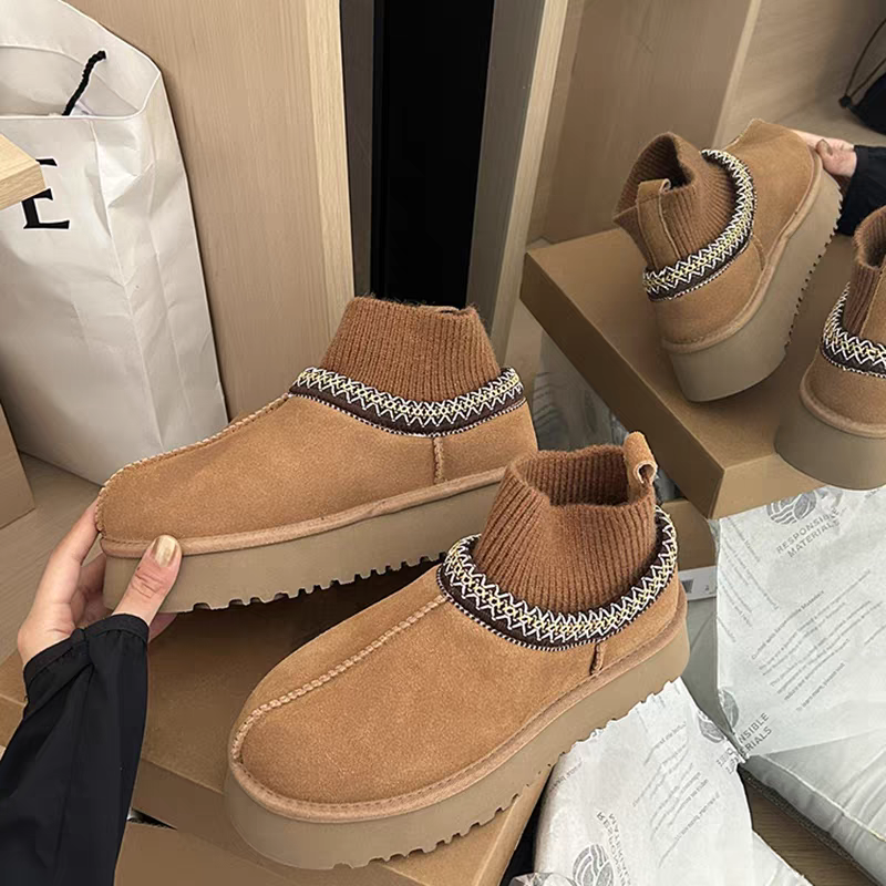 桑坡袜口民族风羊皮毛一体雪地靴女冬季防滑保暖加绒休闲厚底棉鞋