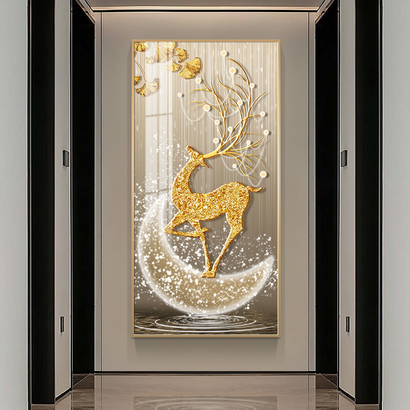 金鹿送财现代轻奢入户玄关装饰画高档走廊过道挂画客厅背景墙壁画图片