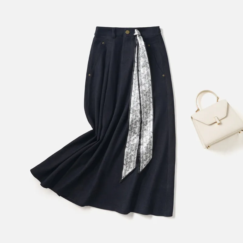 YAQI女装 阳离子设计感丝巾系带高腰半身裙秋冬垂感气质显瘦A字裙