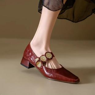 法式 复古中跟单鞋 2025春秋新款 百搭配裙子方头粗跟红色玛丽珍女鞋