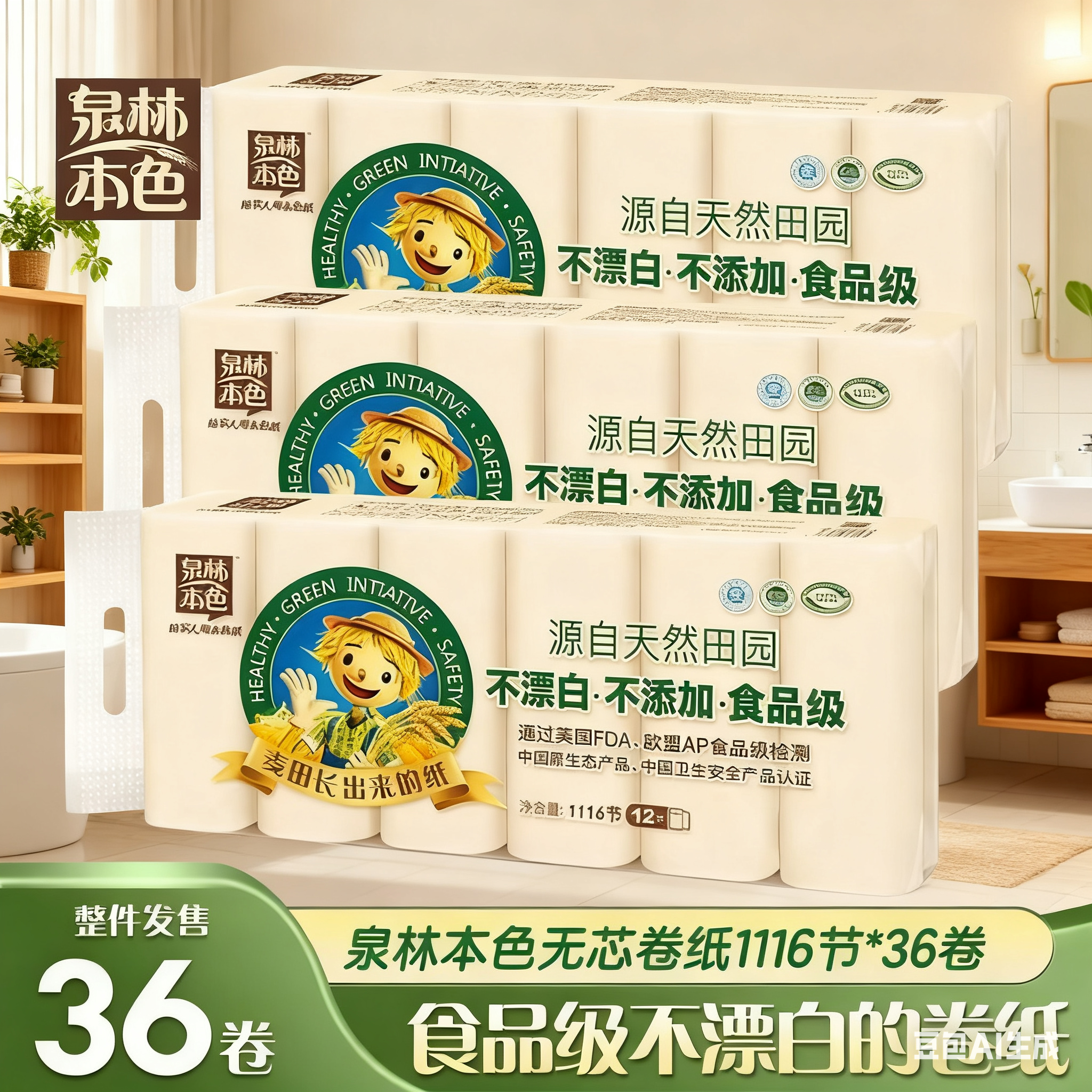 泉林本色家用卷纸实芯扁卷纸巾卫生纸93节12卷卫生纸巾厕纸手纸