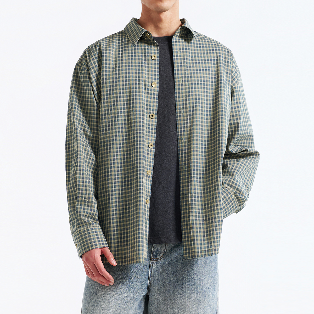 120G清爽撞色提花细格纹长绒棉衬衫 舒适亲肤透气 质感廓形上衣